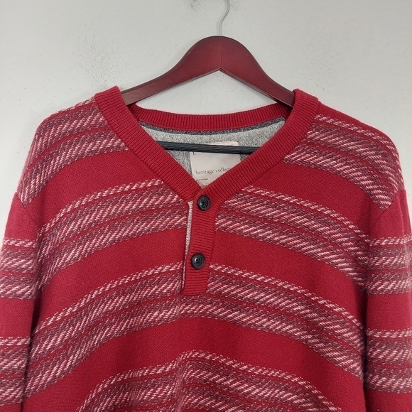 Banana Republic Button V Neck Knit Sweater Red Grey Striped Wool Blend Mens Sz L - Picture 3 of 9